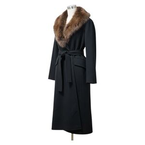 Prada Black Wool Wrap Coat with Fox Collar Size 46 (US Size 10)